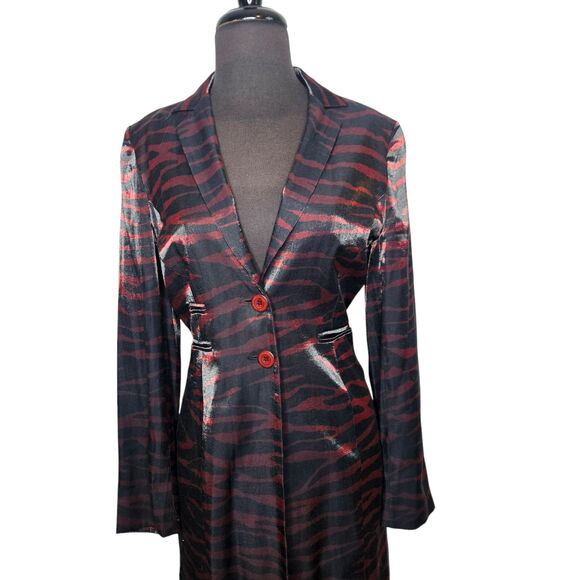 ZAFIR London Vtg Duster Jacket UK 10 US 6 Zebra Print Shiny Glam Rock Goth Femme - Picture 2 of 10